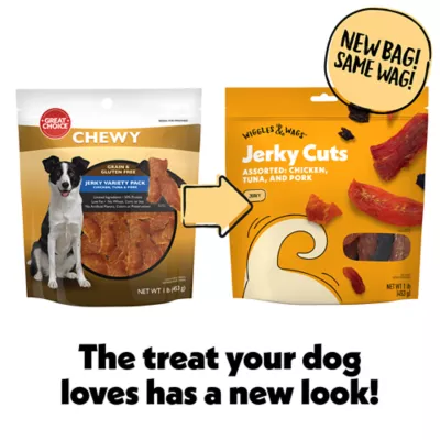Product Wiggles & Wags Chicken, Tuna & Pork Jerky Cuts Dog Treats 16 OZ