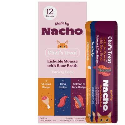 Product Made by Nacho Cat Treat - Lickable Mousse with Bone Broth, 12 Ct Variety Pack, 6 OZ