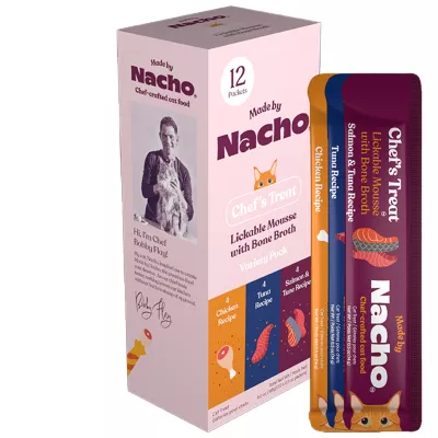 Product Made by Nacho Cat Treat - Lickable Mousse with Bone Broth, 12 Ct Variety Pack, 6 OZ