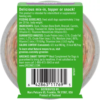 Product Greenies Smart Topper All Life Stages Wet Dog Meal Topper - Duck, Broccoli, Carrots & Barley, 2 oz