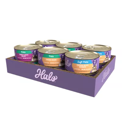 Product Halo Grain Free Cat Wet Food, Variety Pack - Chicken in Broth, Chicken Pate, Turkey & Duck, 12 CT