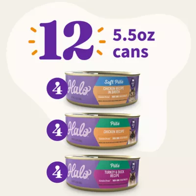 Product Halo Grain Free Cat Wet Food, Variety Pack - Chicken in Broth, Chicken Pate, Turkey & Duck, 12 CT