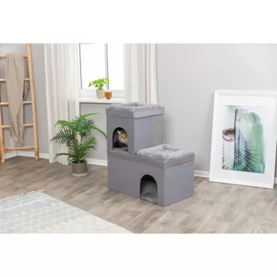Product TRIXIE Crazy Cube Stackable 2-Story Indoor Cat Condo, Cat House with Scratching Pad, Gray