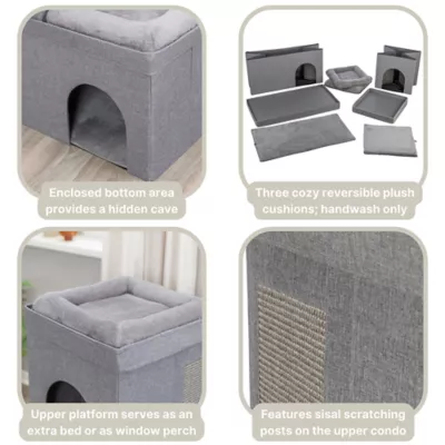 Product TRIXIE Crazy Cube Stackable 2-Story Indoor Cat Condo, Cat House with Scratching Pad, Gray