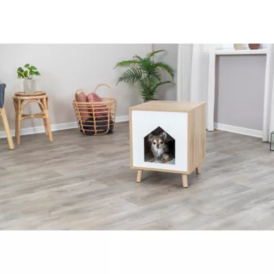 Product TRIXIE Isa Indoor Wooden Cat Condo, Modern Cat Bed Side Table with Cozy Cushion, Brown/White