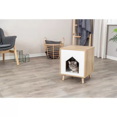 Product TRIXIE Isa Indoor Wooden Cat Condo, Modern Cat Bed Side Table with Cozy Cushion, Brown/White