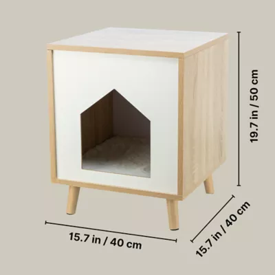 Product TRIXIE Isa Indoor Wooden Cat Condo, Modern Cat Bed Side Table with Cozy Cushion, Brown/White