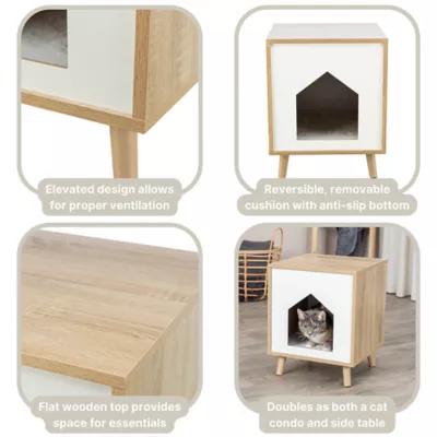 Product TRIXIE Isa Indoor Wooden Cat Condo, Modern Cat Bed Side Table with Cozy Cushion, Brown/White