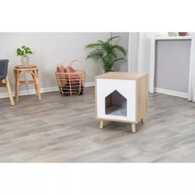 Product TRIXIE Isa Indoor Wooden Cat Condo, Modern Cat Bed Side Table with Cozy Cushion, Brown/White