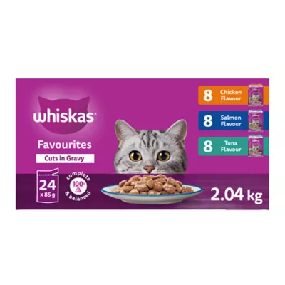 Product WHISKAS Favourites Adult Wet Cat Food Cuts In Gravy Chicken, Salmon, Tuna - Pouch Variety Pk, 24 Pk