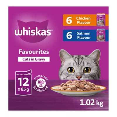 Product WHISKAS Favourites Adult Wet Cat Food Chicken & Salmon Cuts In Gravy - Pouch Variety Pack, 12 Count