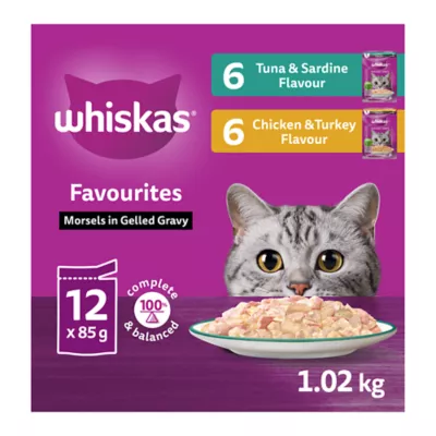 Product WHISKAS Favourites Adlt Wet Cat Food Morsels In Gelled Gravy, Tuna/Sardine/Chicken/Turkey-Vrty 12 Pk