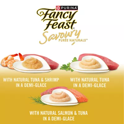Product Fancy Feast Savoury Purée Cat Treats - Naturals Seafood Favourites Variety Pack, 10g x 16