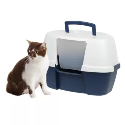 Product IRIS, Large Corner Cat Litter Box with Lid - Enclosed Design, Handle & Buckles, Navy/White