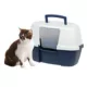 Product IRIS, Large Corner Cat Litter Box with Lid - Enclosed Design, Handle & Buckles, Navy/White