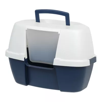Product IRIS, Large Corner Cat Litter Box with Lid - Enclosed Design, Handle & Buckles, Navy/White