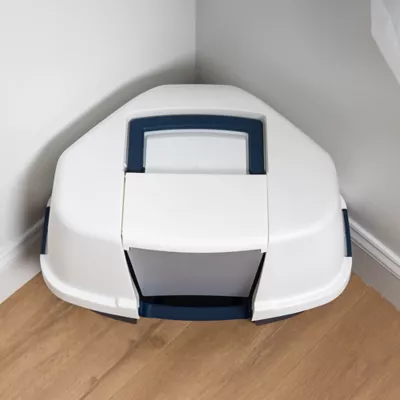 Product IRIS, Large Corner Cat Litter Box with Lid - Enclosed Design, Handle & Buckles, Navy/White
