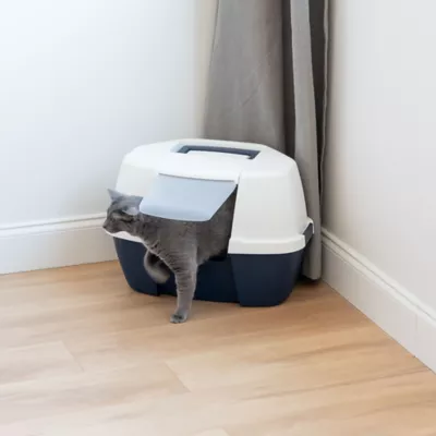 Product IRIS, Large Corner Cat Litter Box with Lid - Enclosed Design, Handle & Buckles, Navy/White