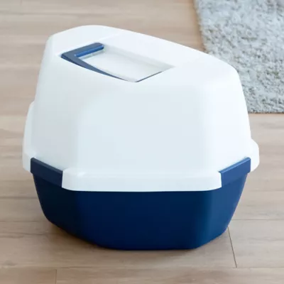 Product IRIS, Large Corner Cat Litter Box with Lid - Enclosed Design, Handle & Buckles, Navy/White