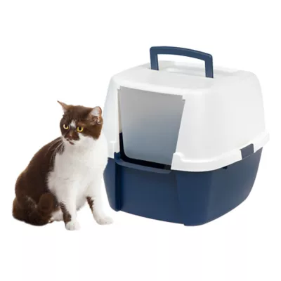 Product IRIS, Large Covered Cat Litter Box with Front Door Flap - Enclosed Design & Handle Navy/White