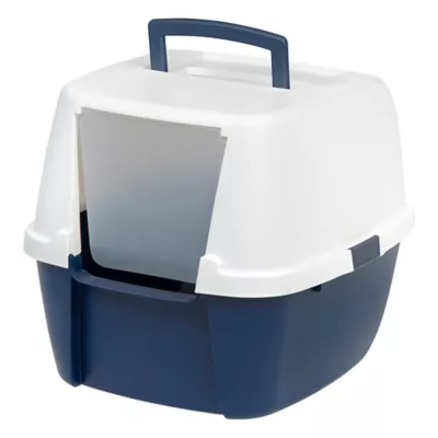 Product IRIS, Large Covered Cat Litter Box with Front Door Flap - Enclosed Design & Handle Navy/White