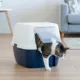 Product IRIS, Large Covered Cat Litter Box with Front Door Flap - Enclosed Design & Handle Navy/White