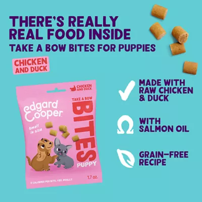 Product Edgard & Cooper Take A Bow Small Bites Puppy Training Dog Treats - Chicken & Duck