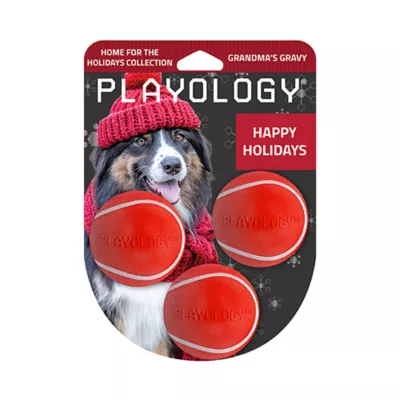 Product Playology Holiday Grandma's Gravy Scented Squeaky Chew Ball Dog Toy, Small, 3 Pack