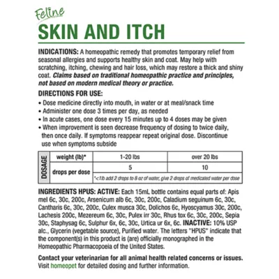 Product HomeoPet Feline Skin & Itch Cat Supplement, 15 ml bottle
