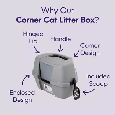 Product Litter Genie, Corner Enclosed Cat Litter Box with Scoop & Handle, Gray/Black