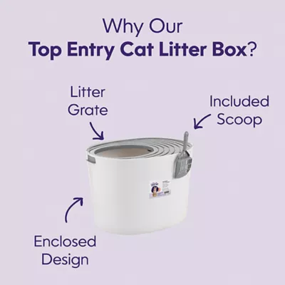 Product Litter Genie, Round Top Entry Cat Litter Box with Scoop, White/Gray