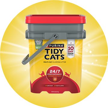 Purina Tidy Cats® 24/7 Performance Clumping Multi-Cat Clay Cat Litter on a yellow background