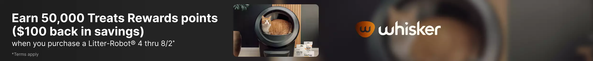 Whisker Litter Robot 4 with 50,000 points callout for purchasing a Litter Robot 4 or bundle