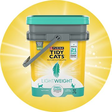 Purina Tidy Cats Lightweight Free & Clean Natural Multi Cat Clumping Clay Cat Litter on a yellow background