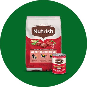 Green circle with a Nutrish Whole Health Blend Dry Dog Food bag and a Whole Health Blend Wet Dog Food can