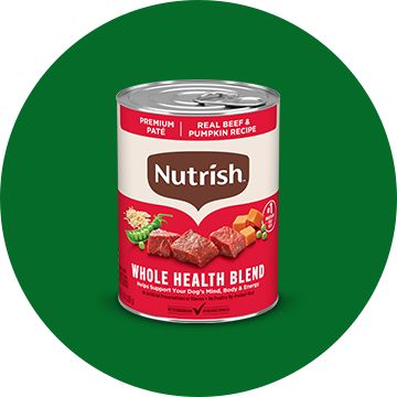 Green circle with a Nutrish Wet Dog Food can.