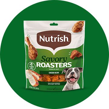 Green circle with a Nutrish Dog Treat bag
