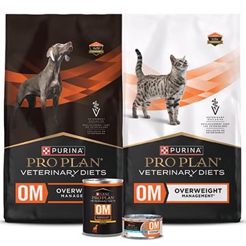 Product display featuring a range of prescription Purina Pro Plan Veterinary Diets Weight Management support products for dogs & cats