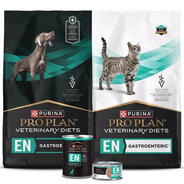 Product display featuring a range of Purina Pro Plan Veterinary Diets Digestive support products for dogs & cats