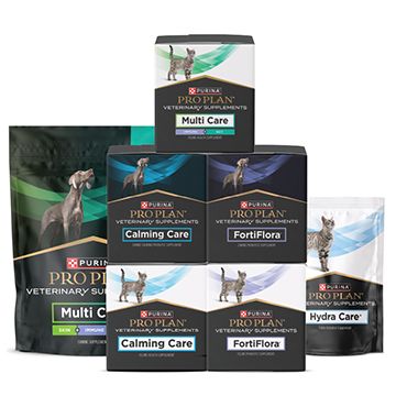 Product display featuring a range of non-prescription Purina Pro Plan Veterinary Supplements for dogs & cats