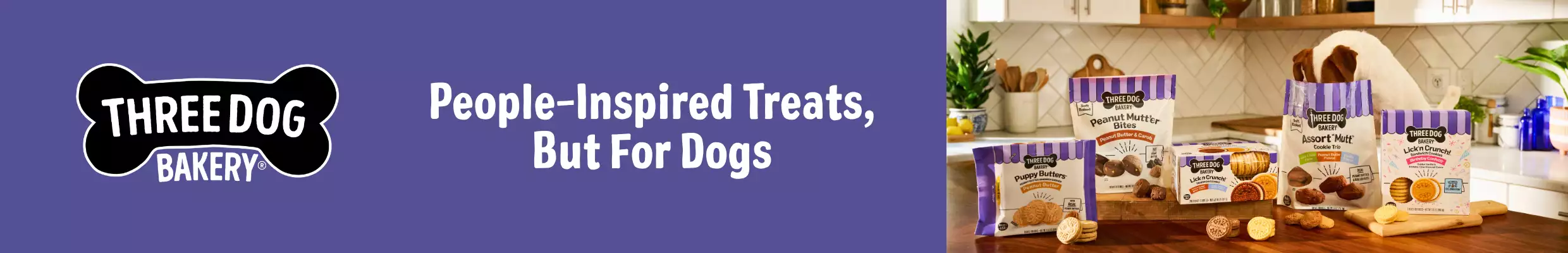 Dog treats on counter with 3 Dog Bakery People Inspired Treats, But For Dogs text
