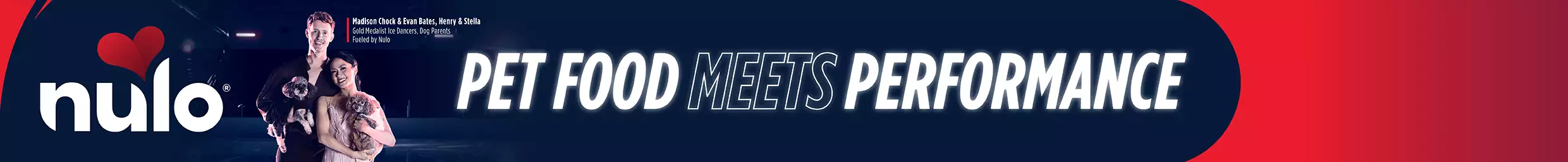 Gold medal ice dancers holding dogs with text that reads Nulo pet food meets performance