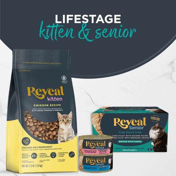 Image showing Reveal Dry Kitten Food Bag and Senior Wet Food Variety Pack and Cans