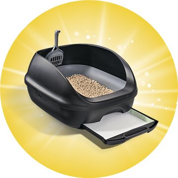 Purina Tidy Cats Breeze Cat Litter Box System Kit with Pellet Cat Litter and Litter Box on a yellow background