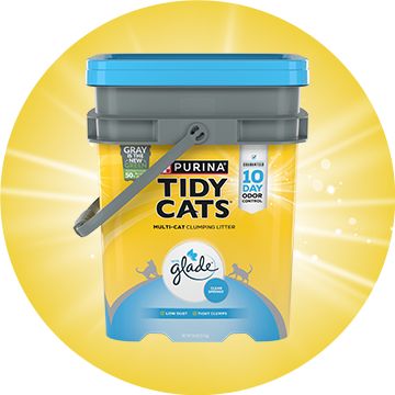 Purina Tidy Cats With Glade Multi Cat Clumping Clay Cat Litter on a yellow background