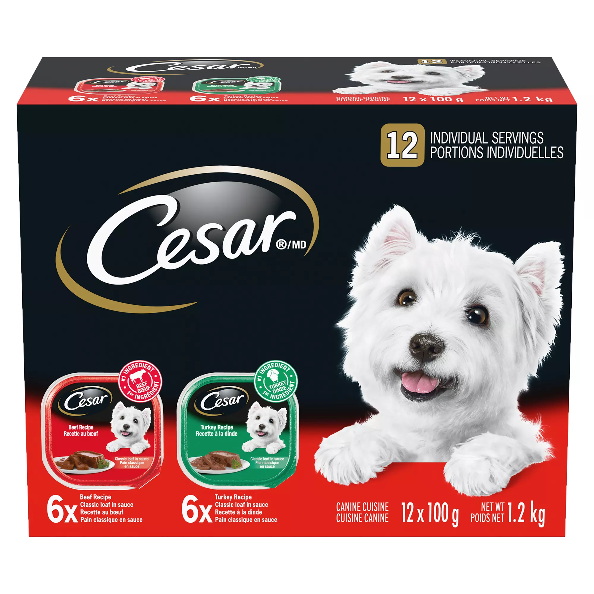 Cesar Classic Loaf In Sauce Adult Wet Dog Food Beef & Turkey Entrées Variety Pack, 12ct