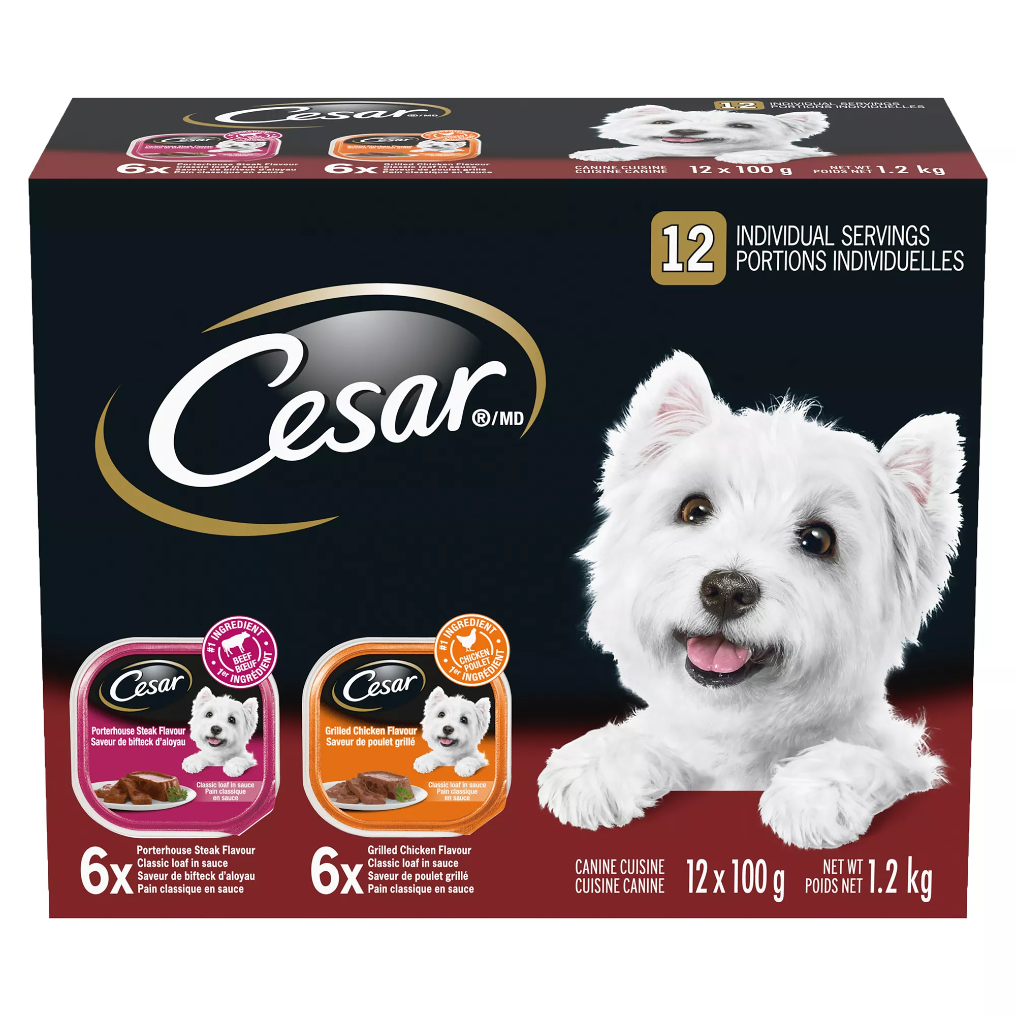 Cesar Classic Loaf In Sauce Adult Wet Dog Food Grilled Chicken & Steak Variety Pack, 12ct