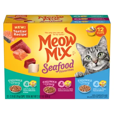 Product Meow Mix Wet Cat Food Adult - Ocean Whitefish, Tuna, Salmon - Variety Pack, 12 CT, 33 OZ