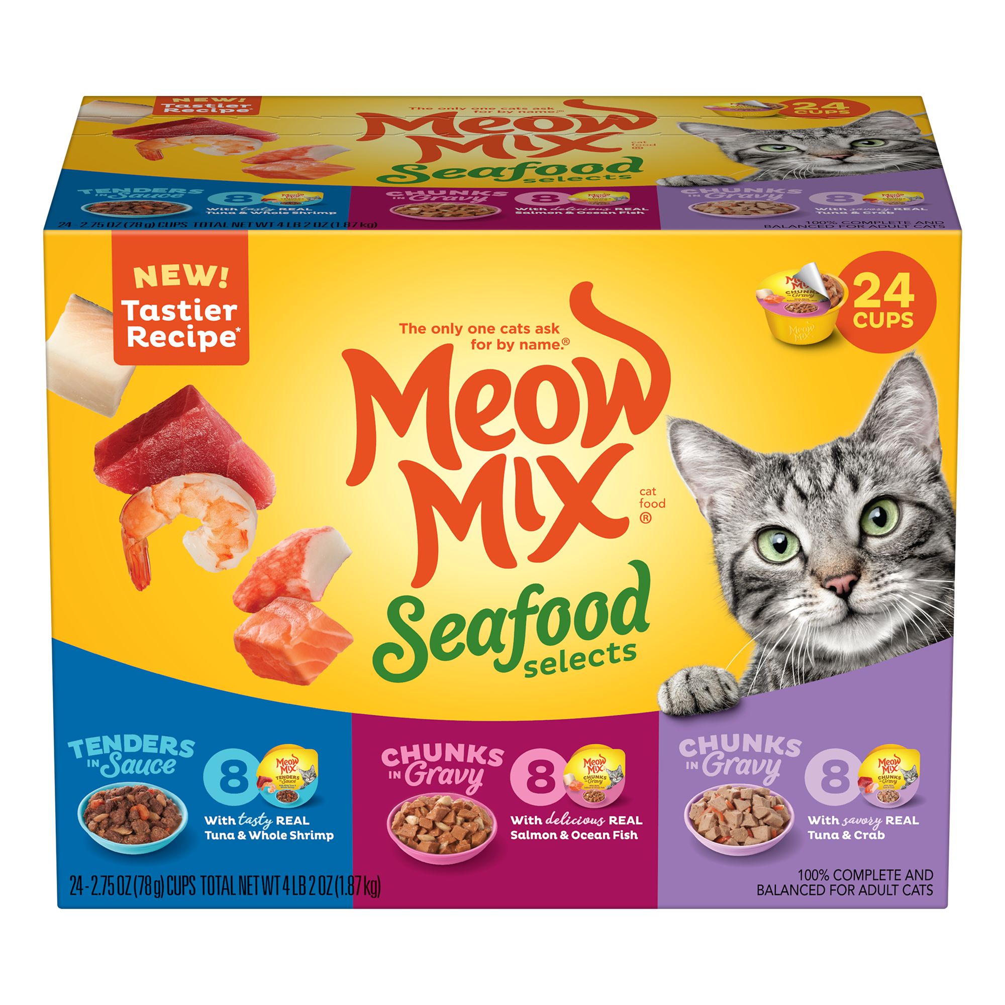 Meow Mix Wet Cat Food All Ages - Tuna, Shrimp, Salmon, Ocean Fish, Crab