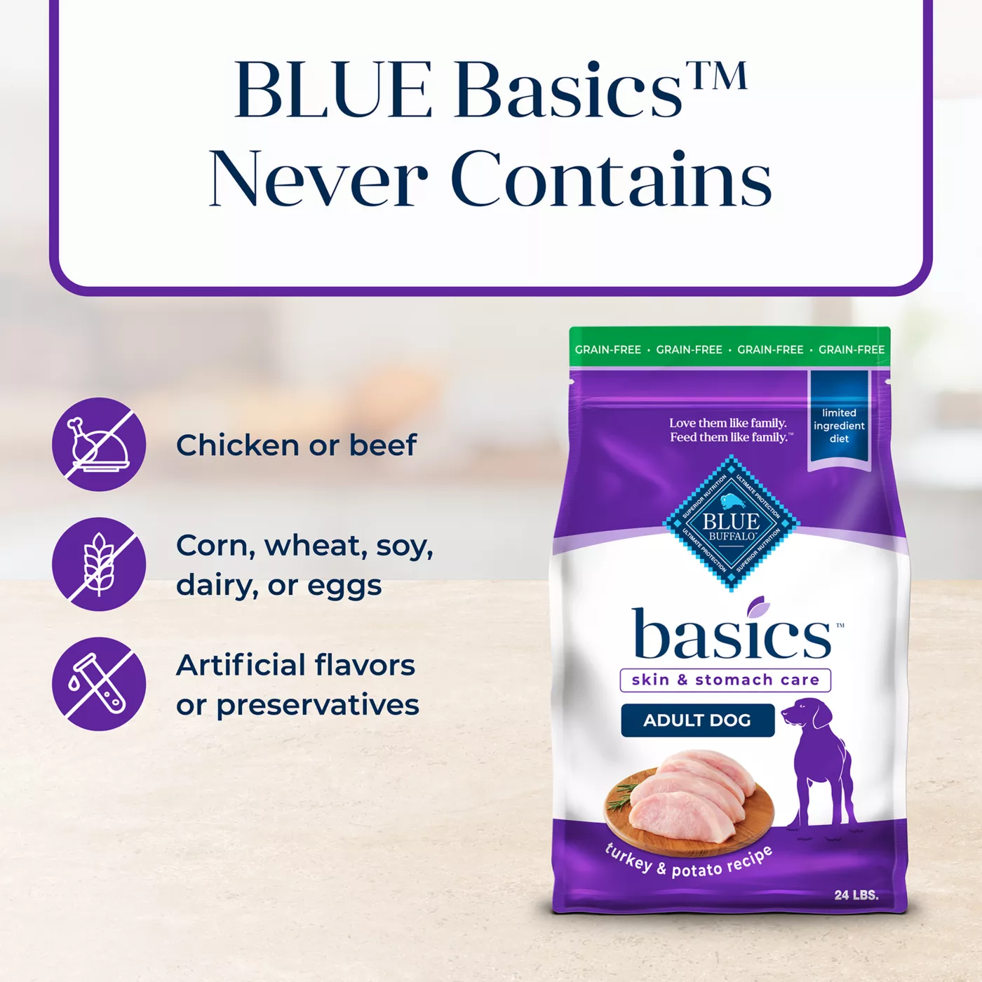 Blue Buffalo Basics Skin Stomach Care Adult Dog Dry Food Grain Free Turkey Potato